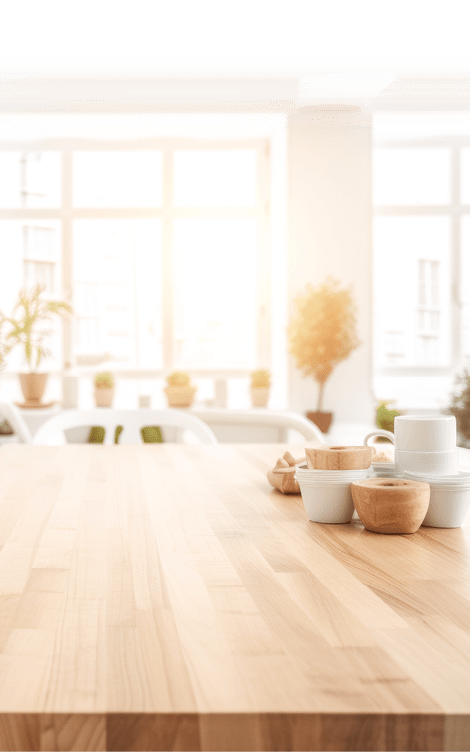 Wooden light empty table top in a modern white kitchen, kitchen panel in the interior. Template showcase scene for advertising products, banner. AI generated, illustration