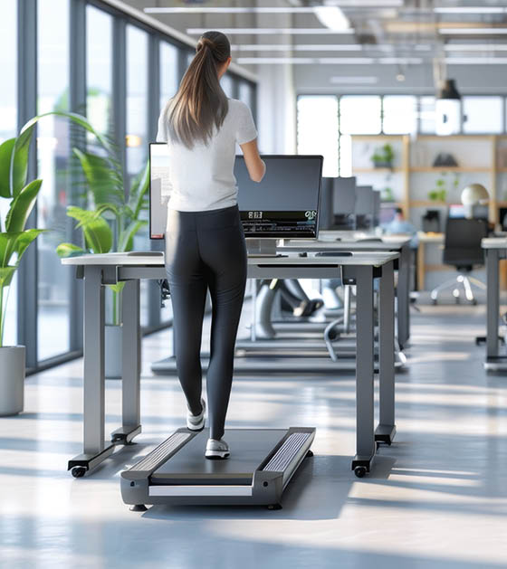 Dynamic Workplace Wellness Productive Office Workers Embrace Health at Standing Desks with Treadmills Rear View Shot