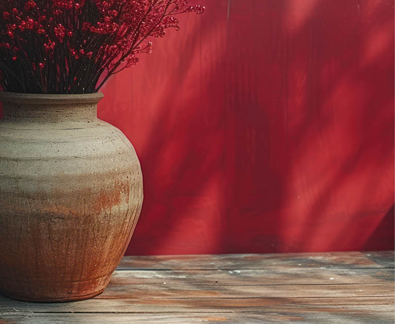  a vase sitting on a wooden table with a red wall behind it and a shadow of a plant in the middle of the vase on top of a wooden table. . 