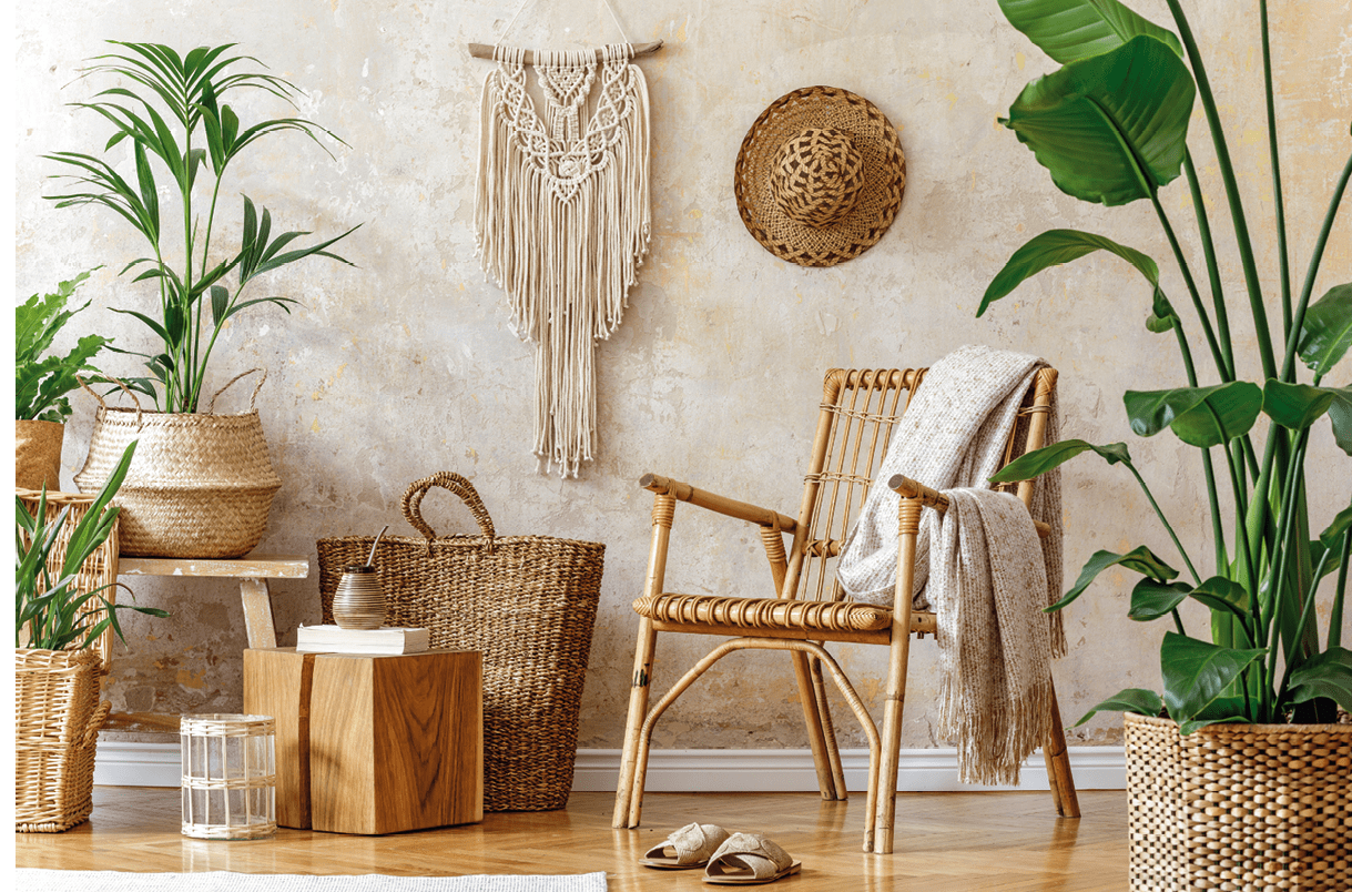 Stylish and floral composition of living room interior with rattan armchair, a lot of tropical plants in design pots, decoration, macrame and elegant personal accessories in cozy home decor.