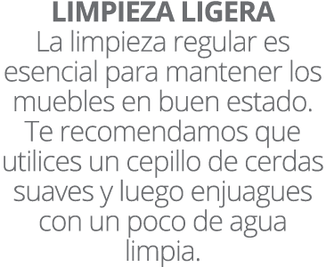 LIMPIEZA LIGERA La limpieza regular es esencial para mantener los muebles en buen estado. Te recomendamos que utilice...