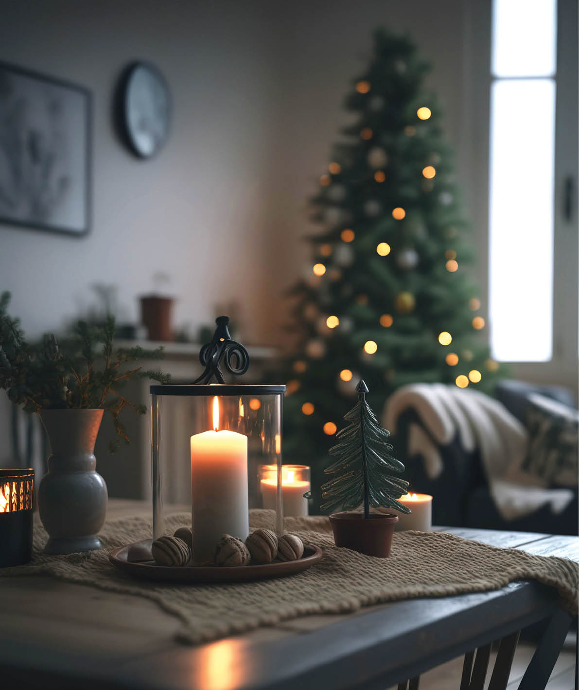 Blurred living room with Christmas tree, wooden table, and candles. Homey Christmas vacation. Generative AI