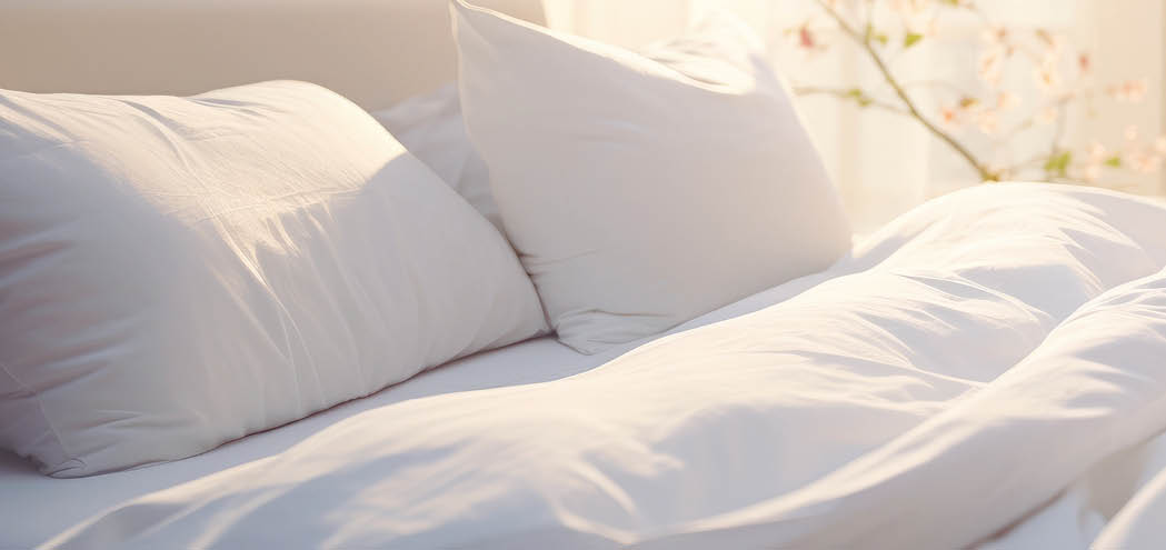 In a modern bedroom setting, an unmade bed with crisp white sheets and fluffy pillows stands prominently. The morning light gently illuminates the room, creating a simple yet inviting scene.