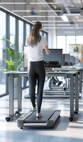 Dynamic Workplace Wellness Productive Office Workers Embrace Health at Standing Desks with Treadmills Rear View Shot