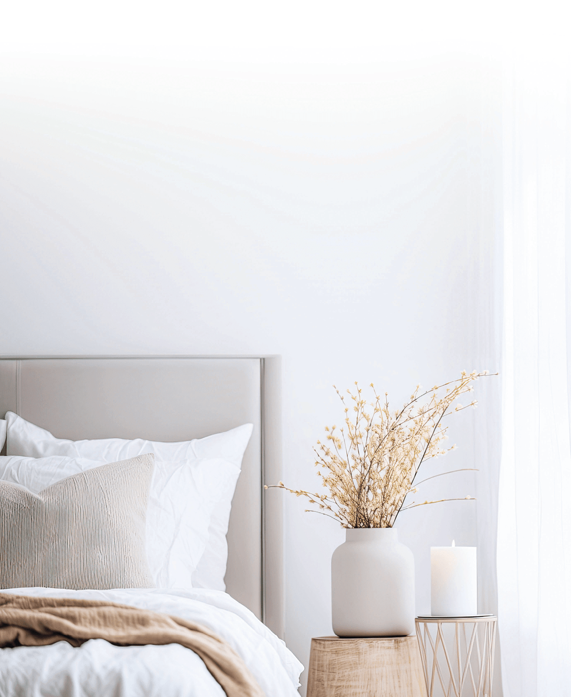 Modern house interior details. Simple cozy beige bedroom interior with bed headboard, linen bedding, bedside table and natural decorations, closeup. Ai generative.