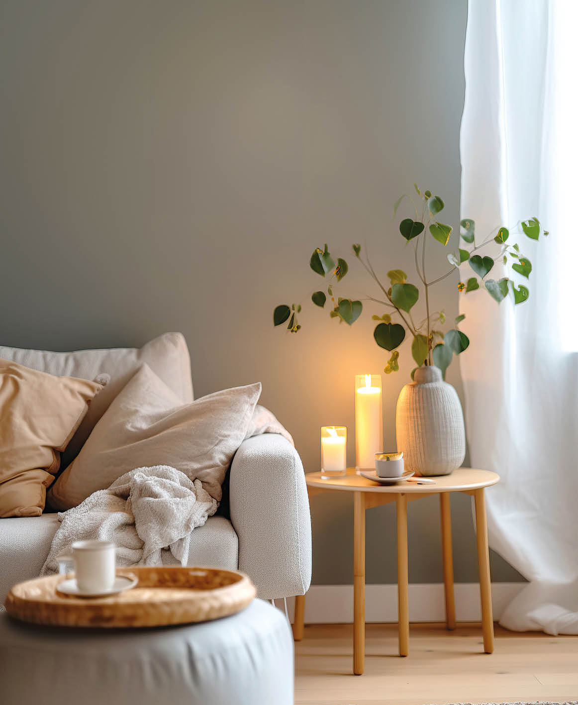 Comfortable shite sofa with cushions and plaid near side table with burning candles. Scandinavian interior design of modern living room. Created with generative AI technology.