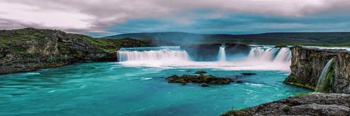The Godafoss or waterfall of the gods is a waterfall in Iceland. The water of the river Skjalfandafljot falls from a height of 12 meters over a width of 30 meters./ Godafoss waterfalls/2017