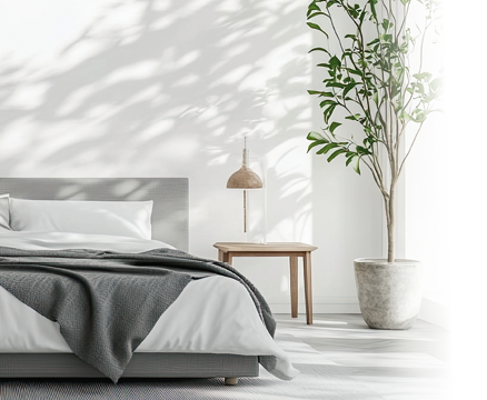 Modern bedroom interior, sunlight, shadows, plant, calm ambiance. Use Home design, architecture, interior decor