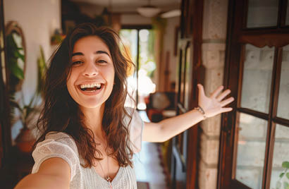 Cheerful woman inviting people to enter in home