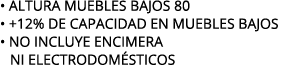 • ALTURA MUEBLES BAJOS 80 • +12% de capacidad en muebles bajos • NO INCLUYE ENCIMERA NI electrodom sticos