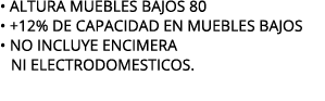 • ALTURA MUEBLES BAJOS 80 • +12% de capacidad en muebles bajos • NO INCLUYE ENCIMERA NI ELECTRODOMESTICOS.