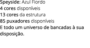 Speyside: Azul Fiordo 4 cores dispon veis 13 cores da estrutura 85 puxadores dispon veis E todo um universo de bancad...