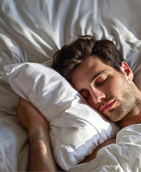 A Man Sleeping in Bed With His Head on the Pillow realistic photo --ar 7:4 Job ID: 0527b8b7-44c9-46c6-b696-9829449926ff