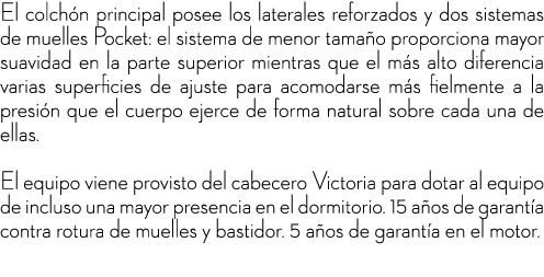 El colch n principal posee los laterales reforzados y dos sistemas de muelles Pocket: el sistema de menor tama o prop...