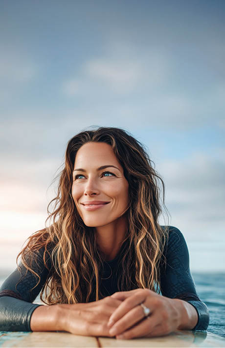 A woman surfer lying on her surfboard in the ocean, sun shining behind, looking content as she glides over the water. 
