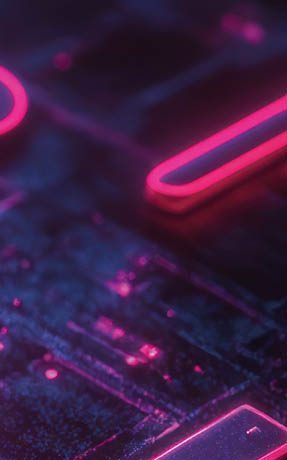 Neon gamepad on futuristic circuit board.