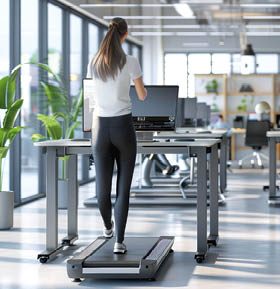 Dynamic Workplace Wellness Productive Office Workers Embrace Health at Standing Desks with Treadmills Rear View Shot