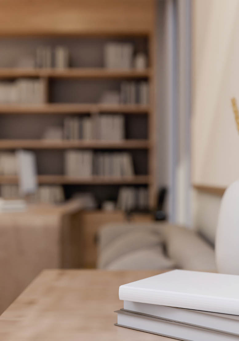 A close-up image of a stack of books and decorative plants are on a table in a modern contemporary living room or private office room. 3d render, 3d illustration
