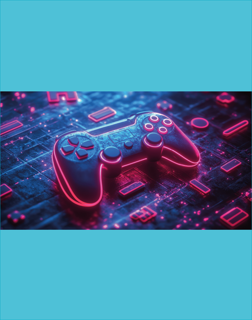 Neon gamepad on futuristic circuit board.