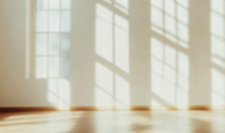 Empty modern room with sunlight streaming through a large window, creating warm shadows on white walls and polished wood floors.