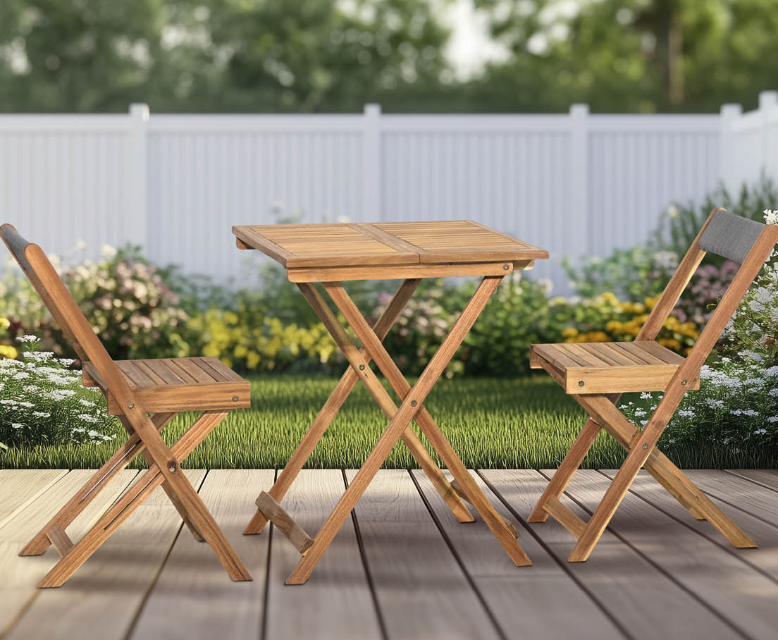 Backyard with wooden flooring, garden with white fence on background