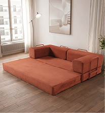 A large, orange couch is placed in a living room. AI generated content