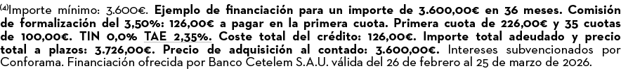(4)Importe m nimo: 3.600€. Ejemplo de financiaci n para un importe de 3.600,00€ en 36 meses. Comisi n de formalizaci ...