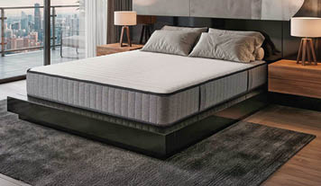 A bedroom with a bed, nightstands, and a window. The bed has a black headboard and a white pillow. AI generated content