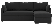 A black couch and ottoman are displayed in a showroom. AI generated content