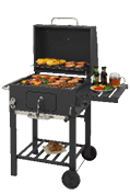 A BBQ grill with food on it and a beer bottle nearby. AI generated content
