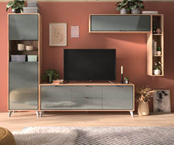 A living room with a flat screen TV, a bookshelf, and a potted plant. AI generated content