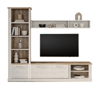 A flat screen TV is mounted on a wooden cabinet with shelves and drawers. AI generated content