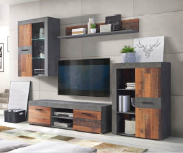 A large flat screen TV is mounted on a wall above a wooden entertainment center. The entertainment center has a shelf with a potted plant and a vase on it. AI generated content
