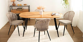 A dining room with a wooden table and six chairs. AI generated content