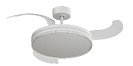 A white ceiling fan with a remote control. AI generated content