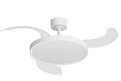 A white ceiling fan with a remote control. AI generated content