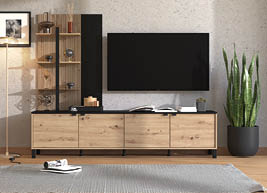 A flat screen TV is mounted on the wall above a wooden entertainment center. The entertainment center has a shelf with various items on it. A potted plant is located in the corner of the room. AI generated content