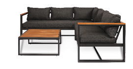 A black couch with a wooden table in front of it. AI generated content