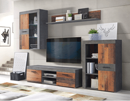 A large flat screen TV is mounted on a wall above a wooden entertainment center. The entertainment center has a shelf with a potted plant and a vase on it. AI generated content