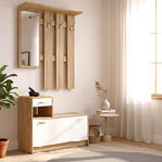 A white dresser with a mirror above it. AI generated content