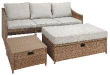 A couch and ottoman set is displayed in a showroom. AI generated content