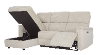 A couch with a built-in storage compartment is shown in a white background. AI generated content