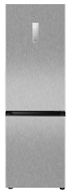 A large, metallic refrigerator with a black door. AI generated content