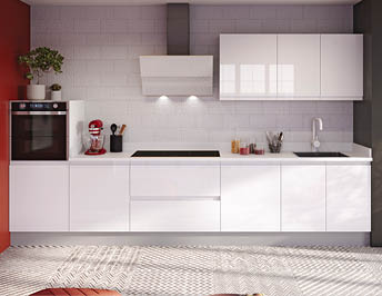 A large, clean kitchen with white cabinets and blue walls. A stove top oven is visible, along with a microwave. A dining table is surrounded by chairs, and a potted plant is placed nearby. A vase is also present in the room. AI generated content