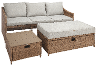 A couch and ottoman set is displayed in a showroom. AI generated content