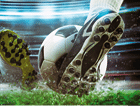 Soccer player kicks the ball vigorously at the stadium