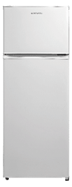 A white refrigerator is standing upright in a kitchen. AI generated content