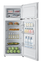 A white refrigerator with a variety of food and drinks inside. AI generated content