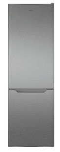 A stainless steel refrigerator is shown in a white room. AI generated content