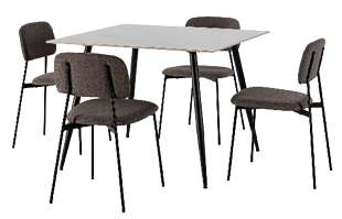 A table with four chairs around it, all facing the same direction. AI generated content